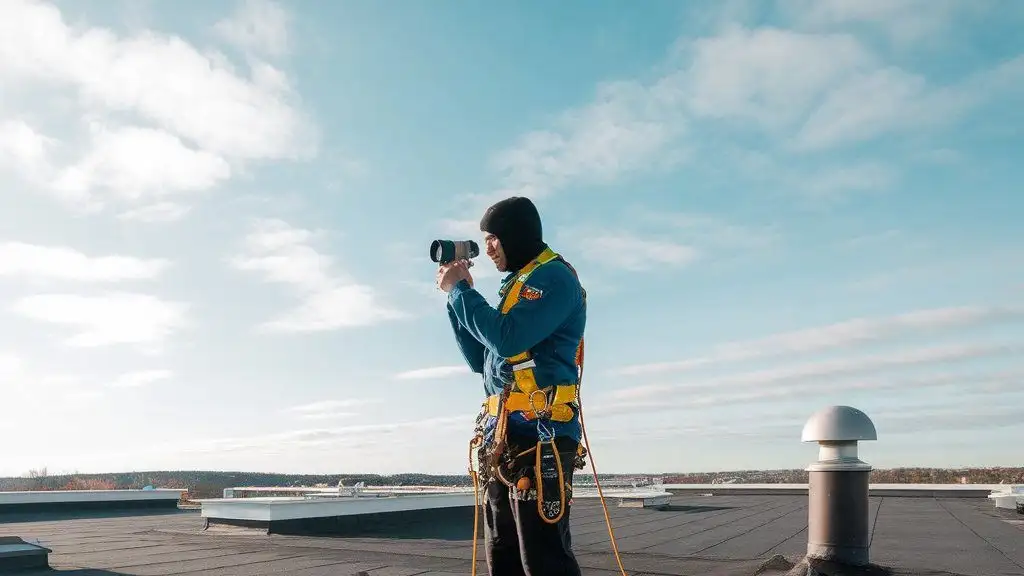 Technician inspecting a flat roof.